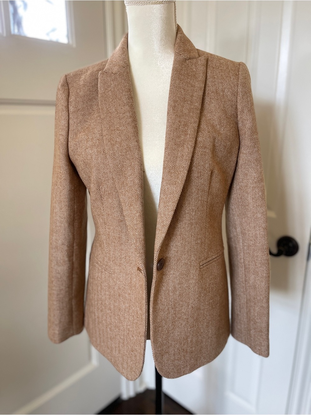 J Crew Womens Tan Herringbone Wool-Blend Blazer